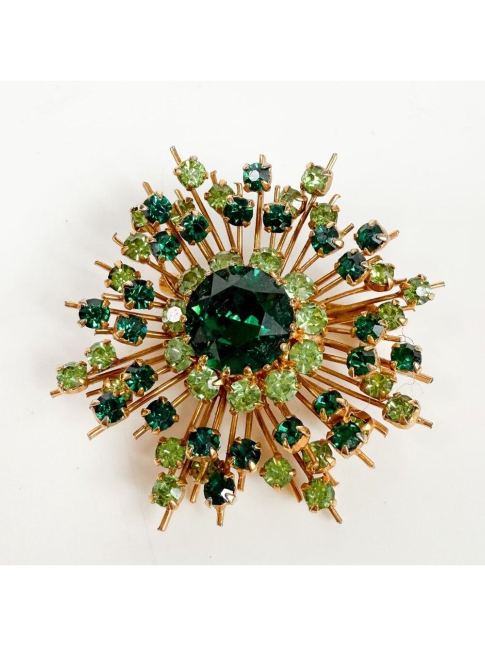 Vintage  Austrian Green Uranium Rhinestones Starburst Gold Tone Brooch